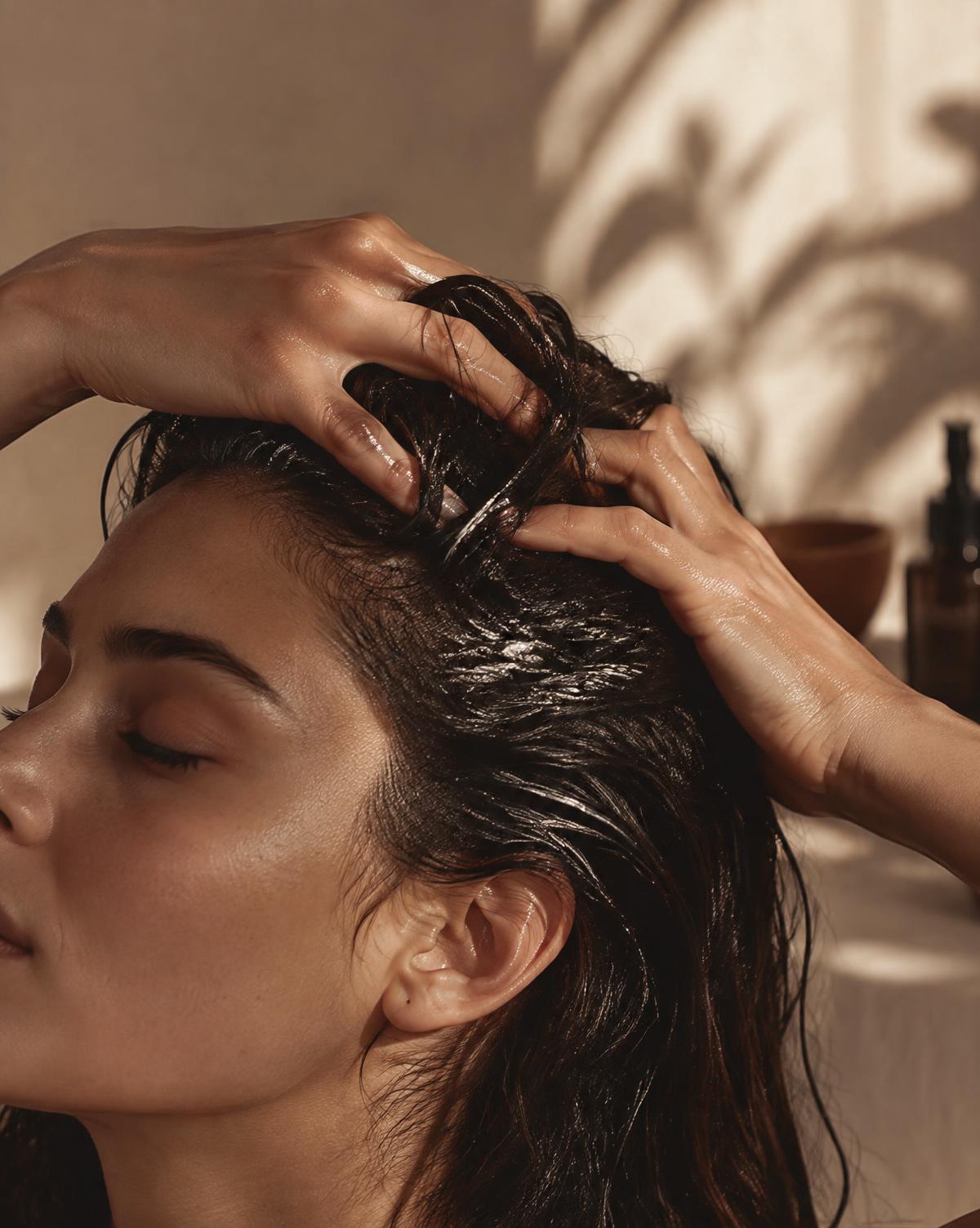 Long glossy hair in a warm bathroom, after a scalp detox routine